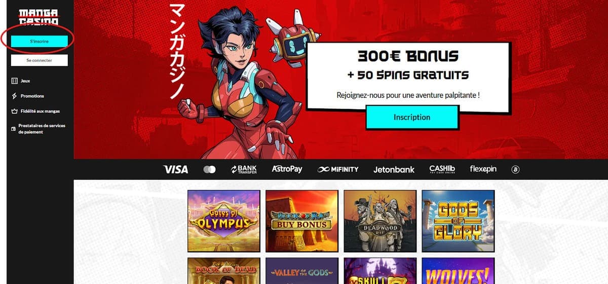 Bouton inscription Manga casino