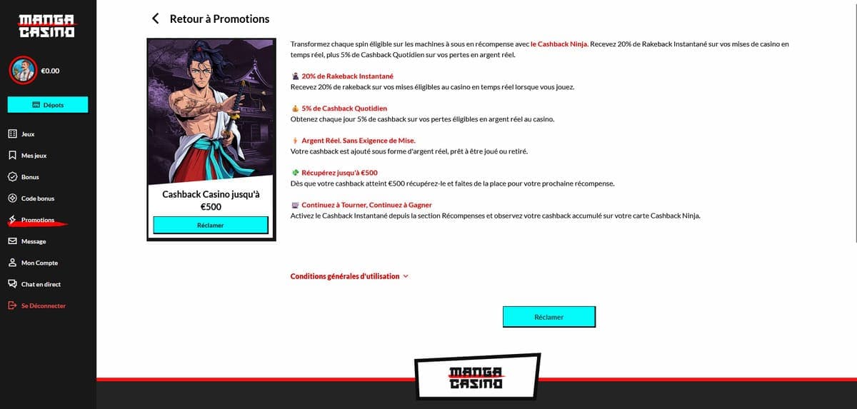 Cashback ninja Manga Casino