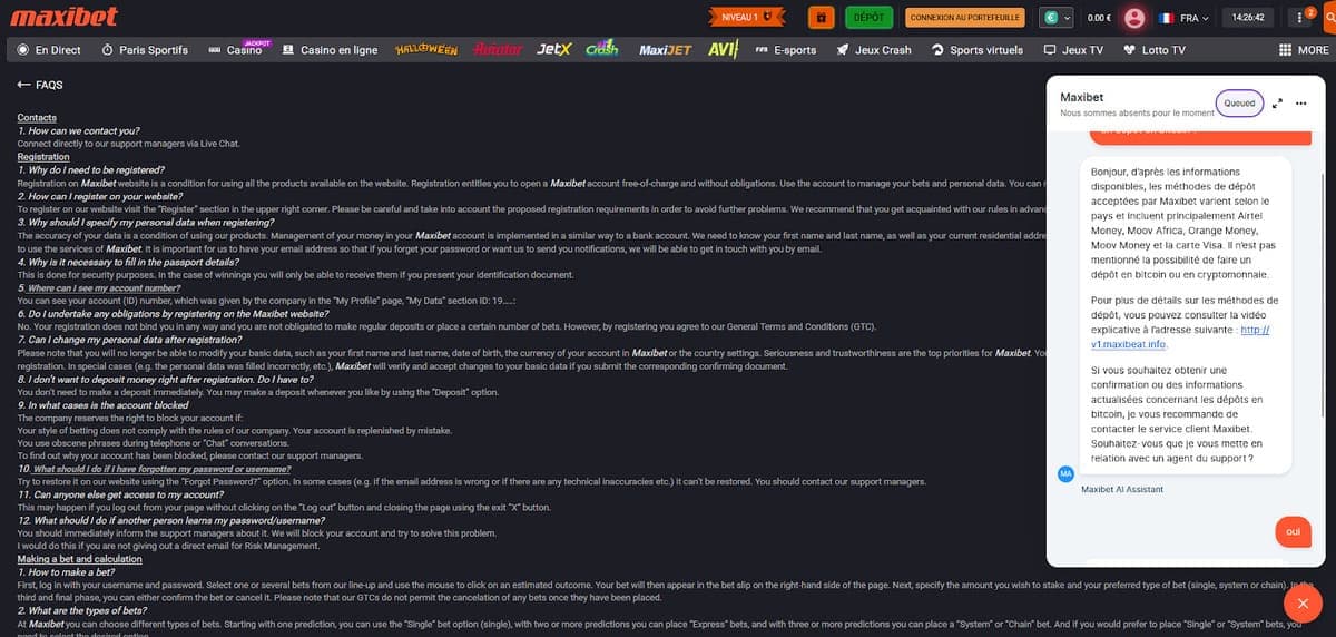 Service client Maxibet Casino