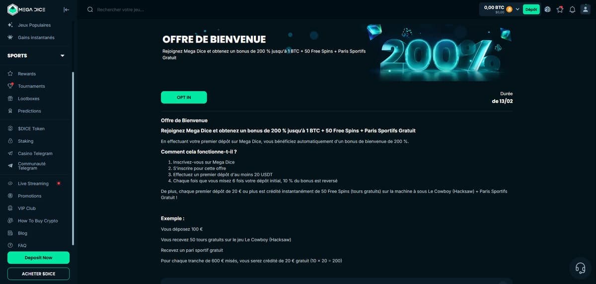 Bonus bienvenue Mega Dice Casino
