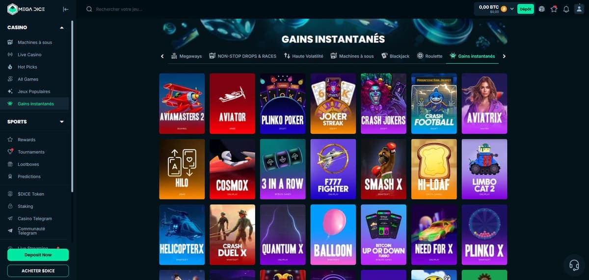 Gains instantanés Mega Dice Casino