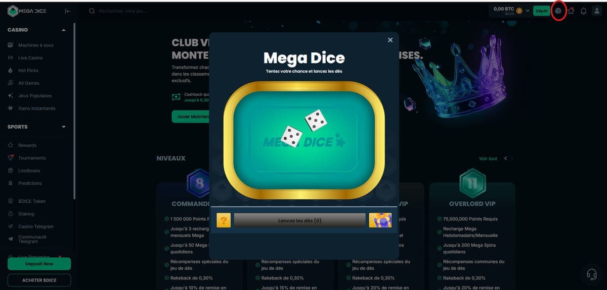 Lanceur de dés Mega Dice Casino