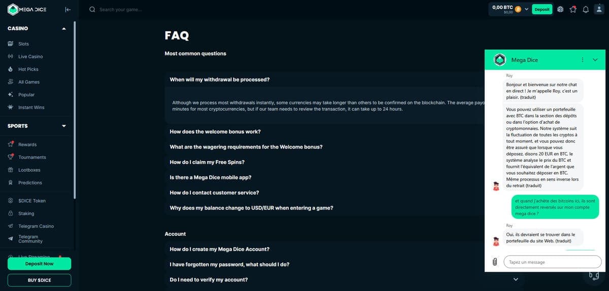 Service client Mega Dice Casino
