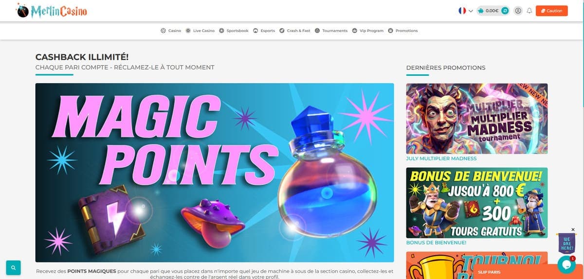 Cashback illimité Merlin Casino