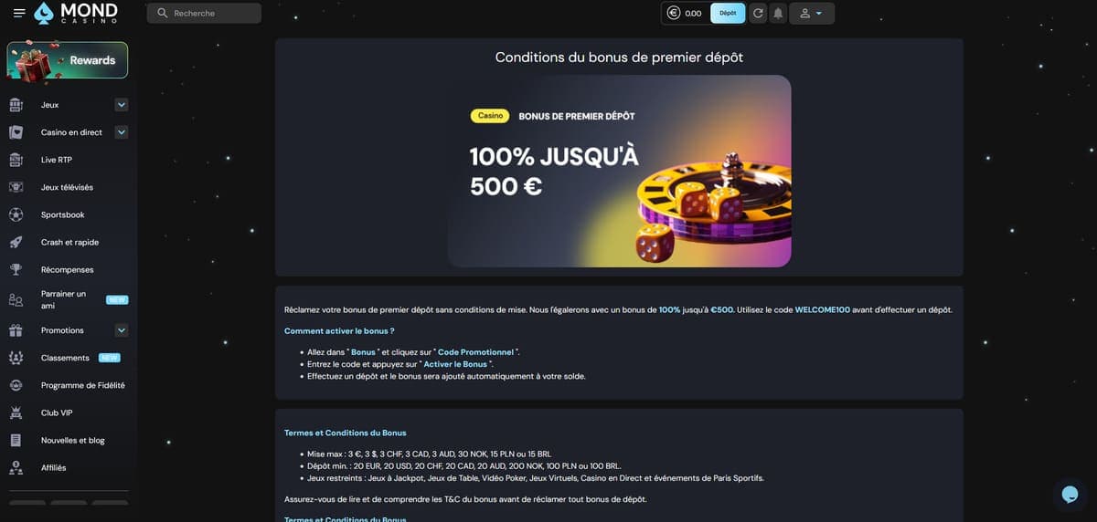 Bonus premier dépôt casino Mond Casino