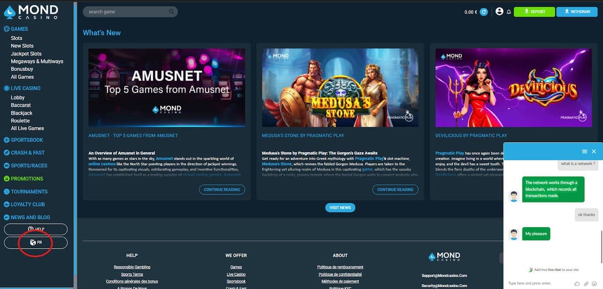 interface anglophone Mond Casino