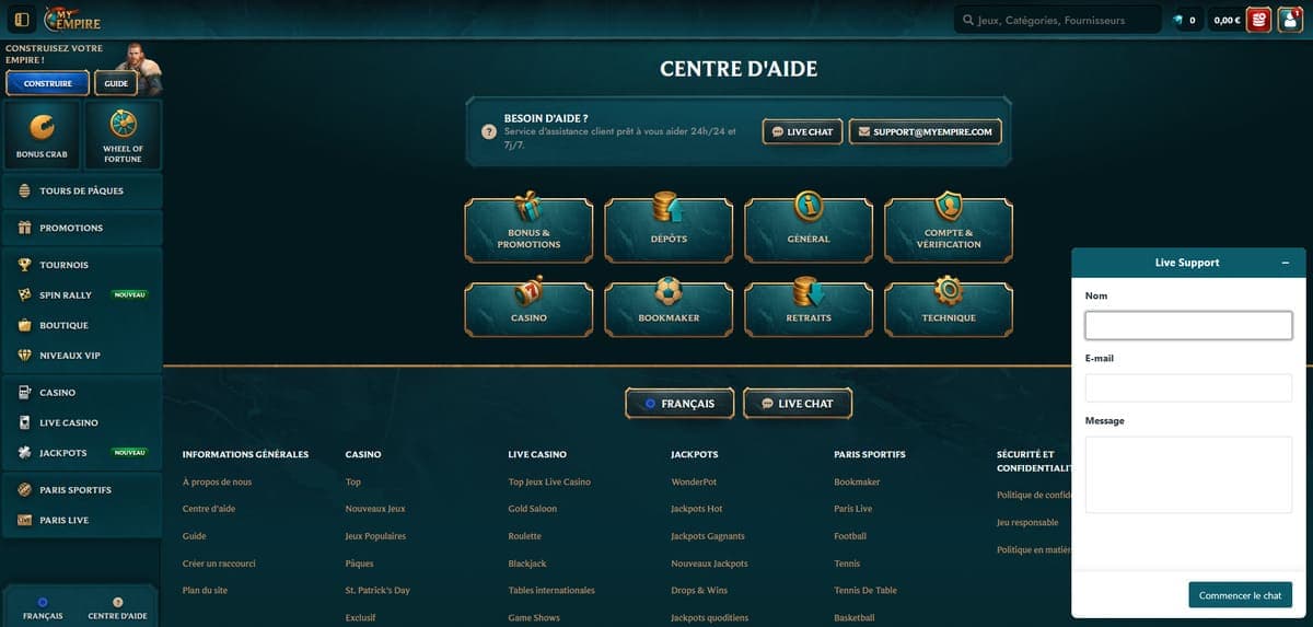 Service client My Empire Casino