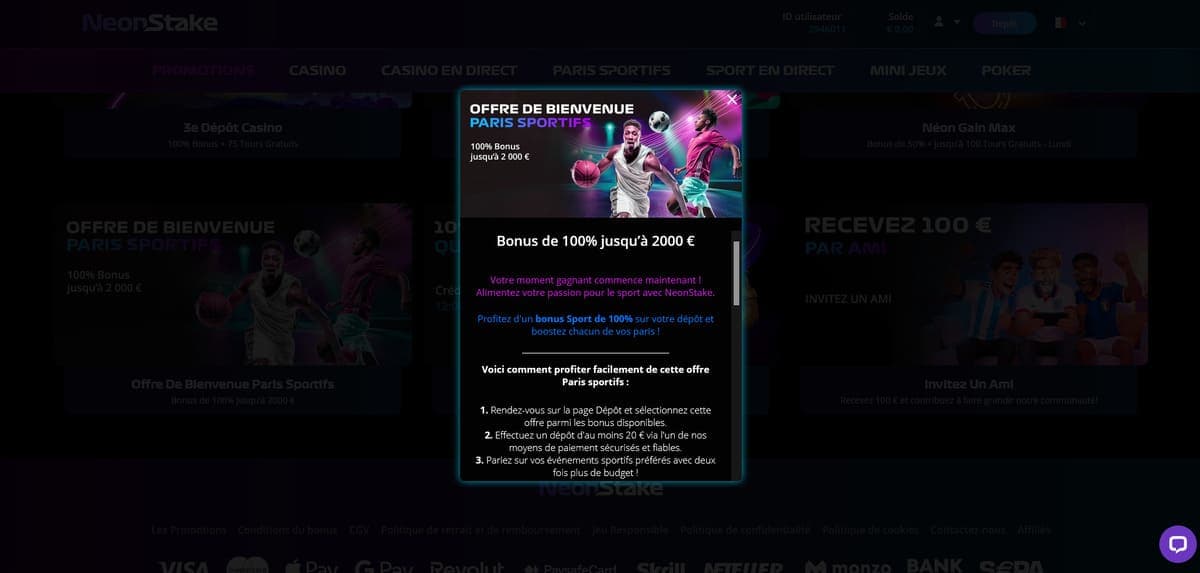 Bonus de bienvenue sport NeonStake Casino