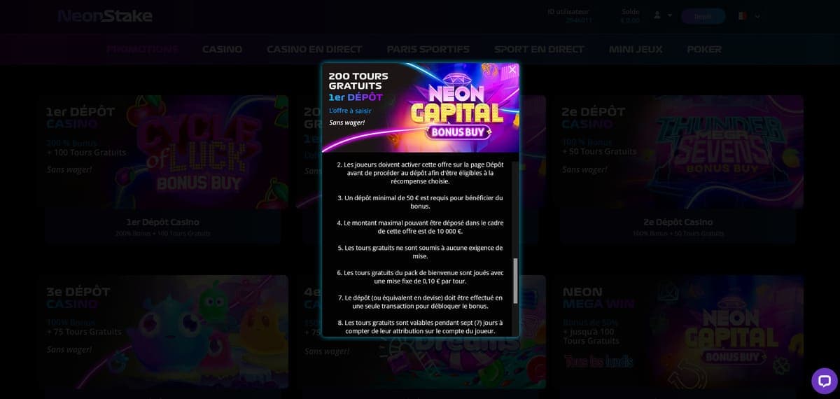 Bonus de bienvenue NeonStake Casino
