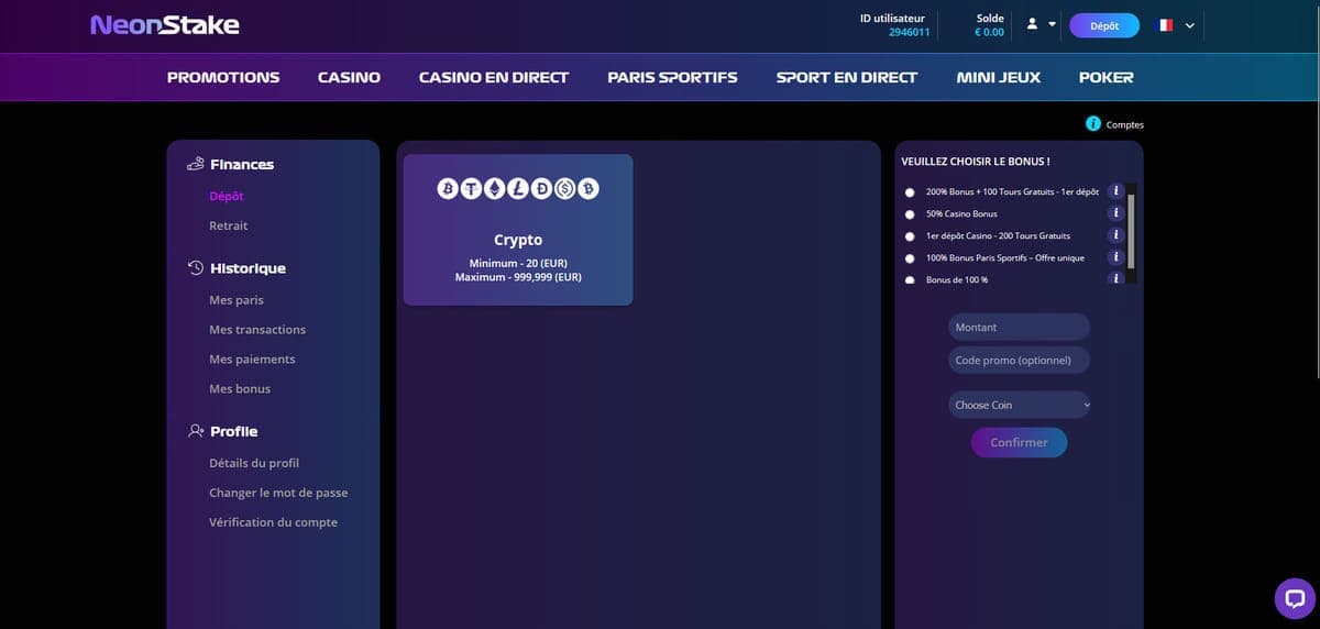 Dépôt NeonStake Casino