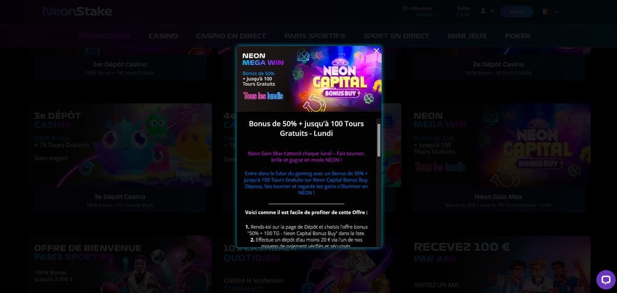Promo du lundi NeonStake Casino