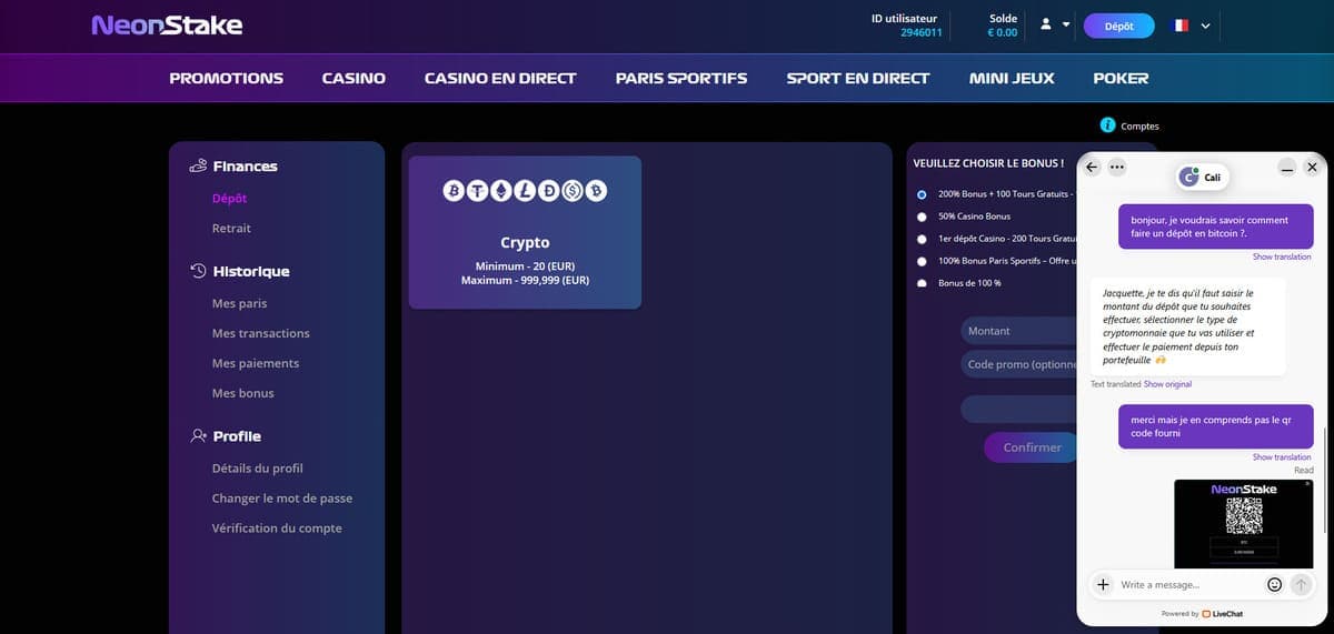 Support client NeonStake Casino
