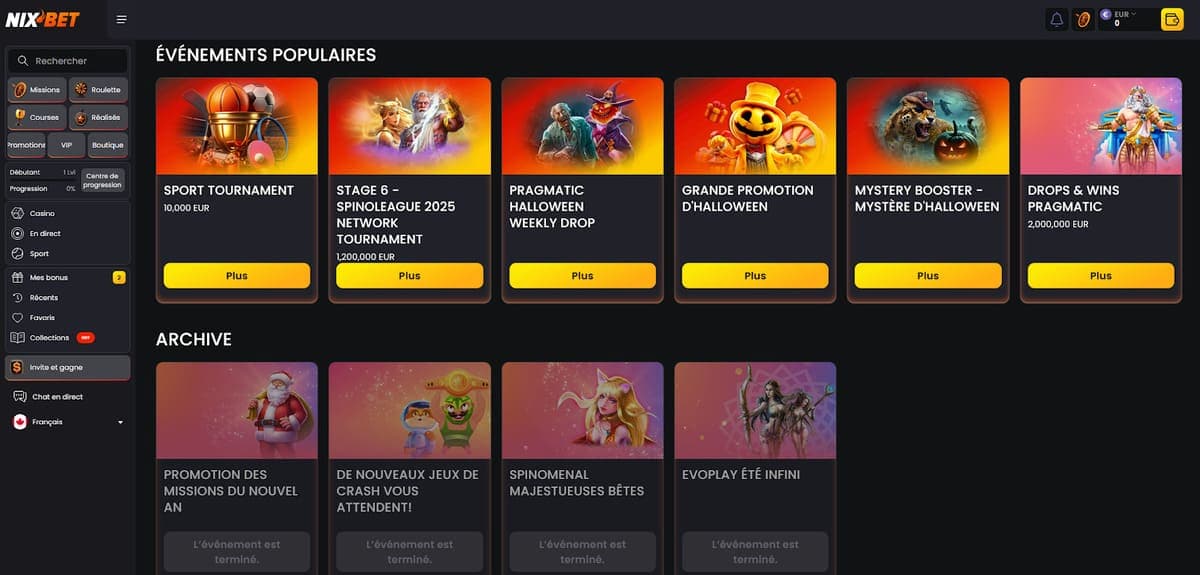 Evènements Nixbet Casino