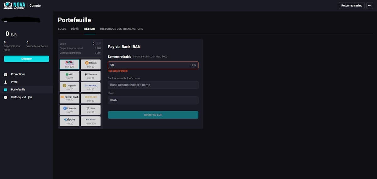 Retraits Nova Dreams Casino