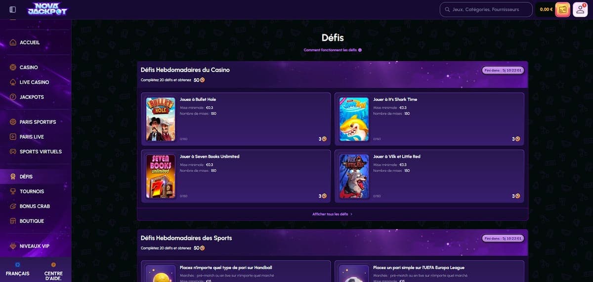 Défis NovaJackpot Casino