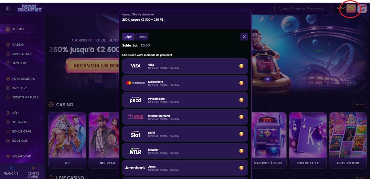 Dépôt NovaJackpot Casino