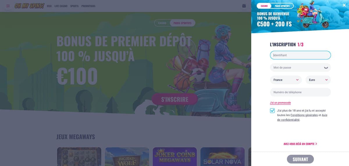 Inscription OhMySpins Casino