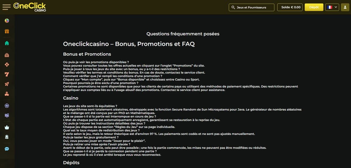 FAQ OneClick Casino