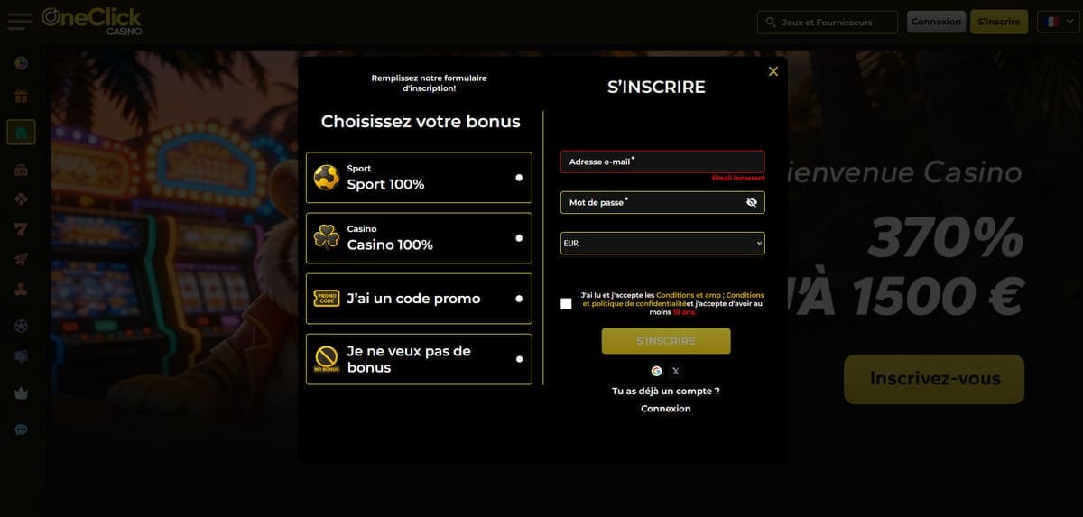 Inscription OneClick Casino