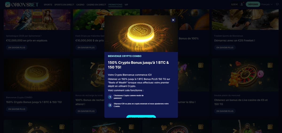 Bonus bienvenue crypto OrionsBet Casino