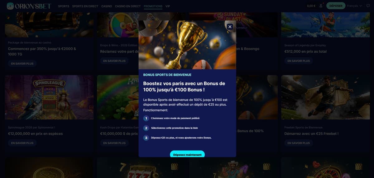 Bonus sports bienvenue OrionsBet Casino