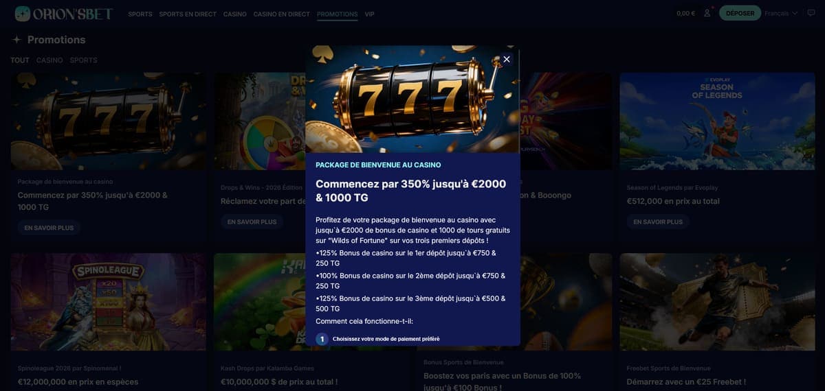 Package bienvenue OrionsBet Casino