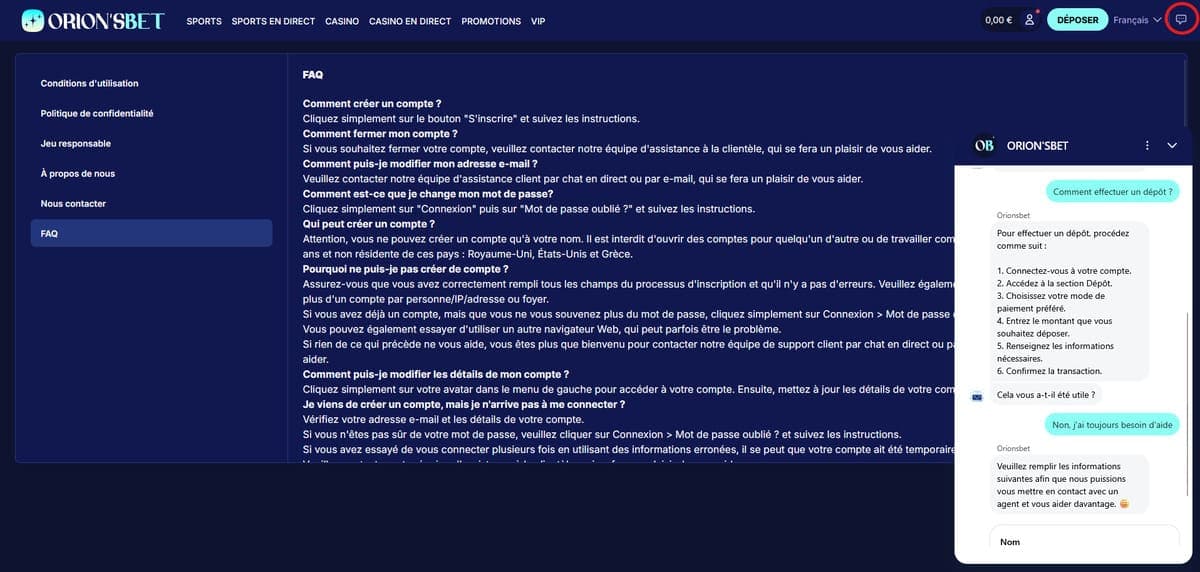 Service client OrionsBet Casino