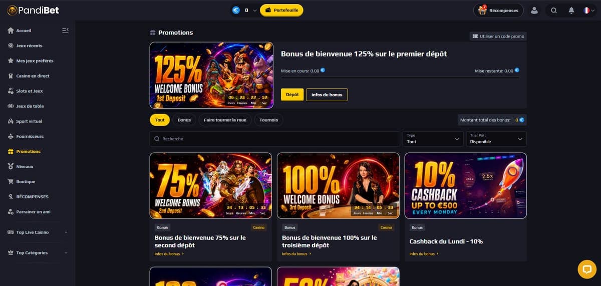 Bonus bienvenue Pandibet Casino