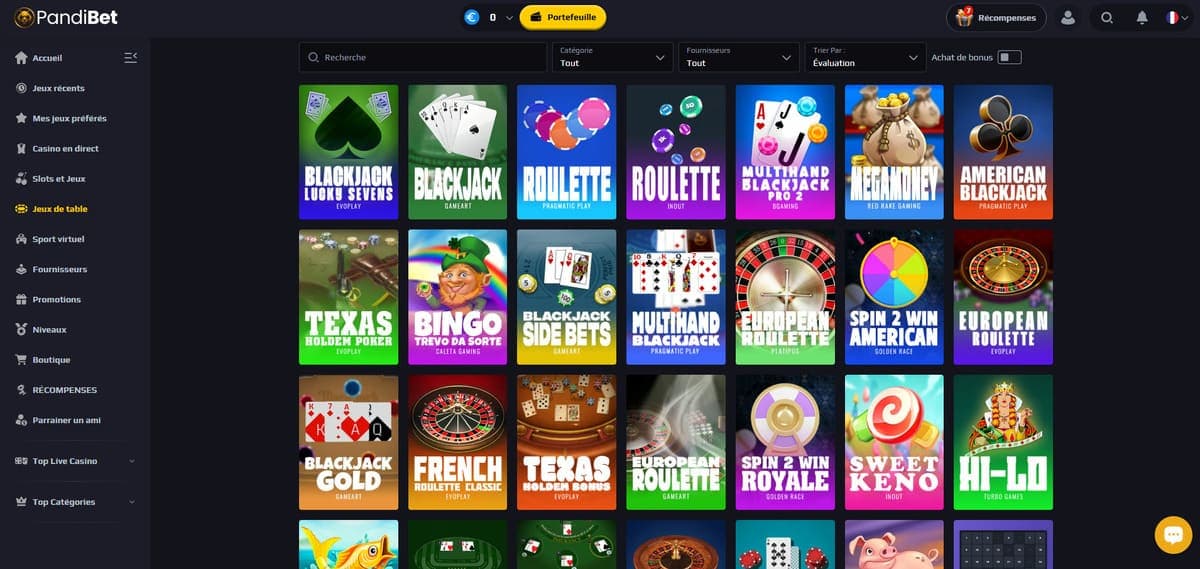 Jeux de table Pandibet Casino