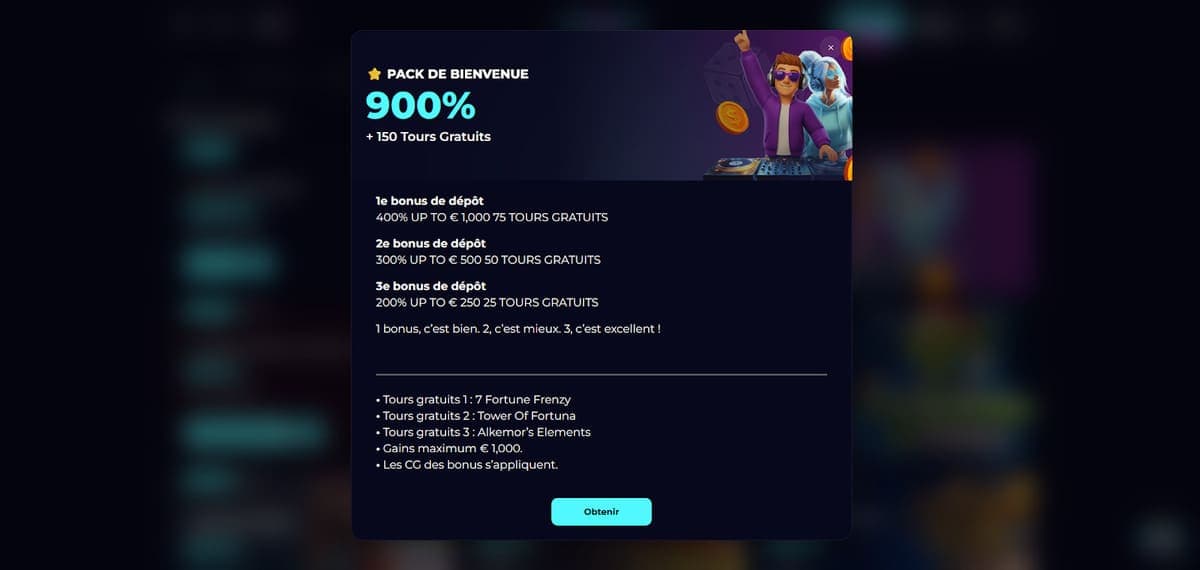 Pack bienvenue PartySpinz Casino