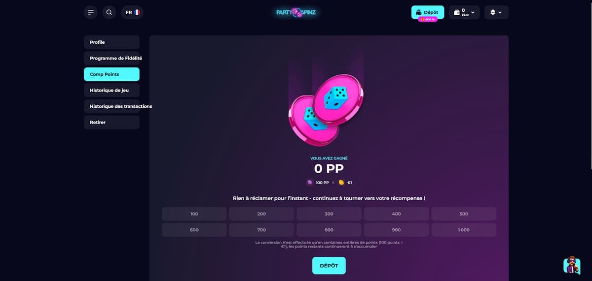 Party points PartySpinz Casino