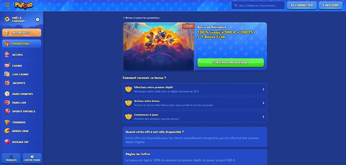 Bonus de bienvenue Pistolo Casino