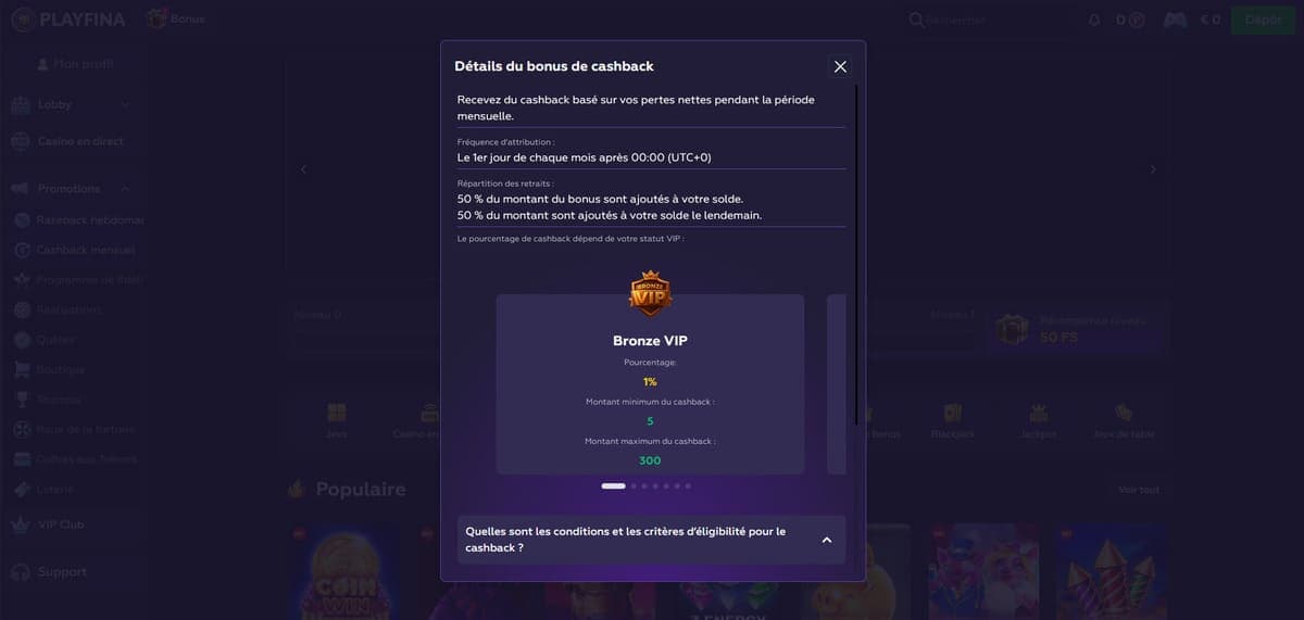 Cashback PlayFina Casino
