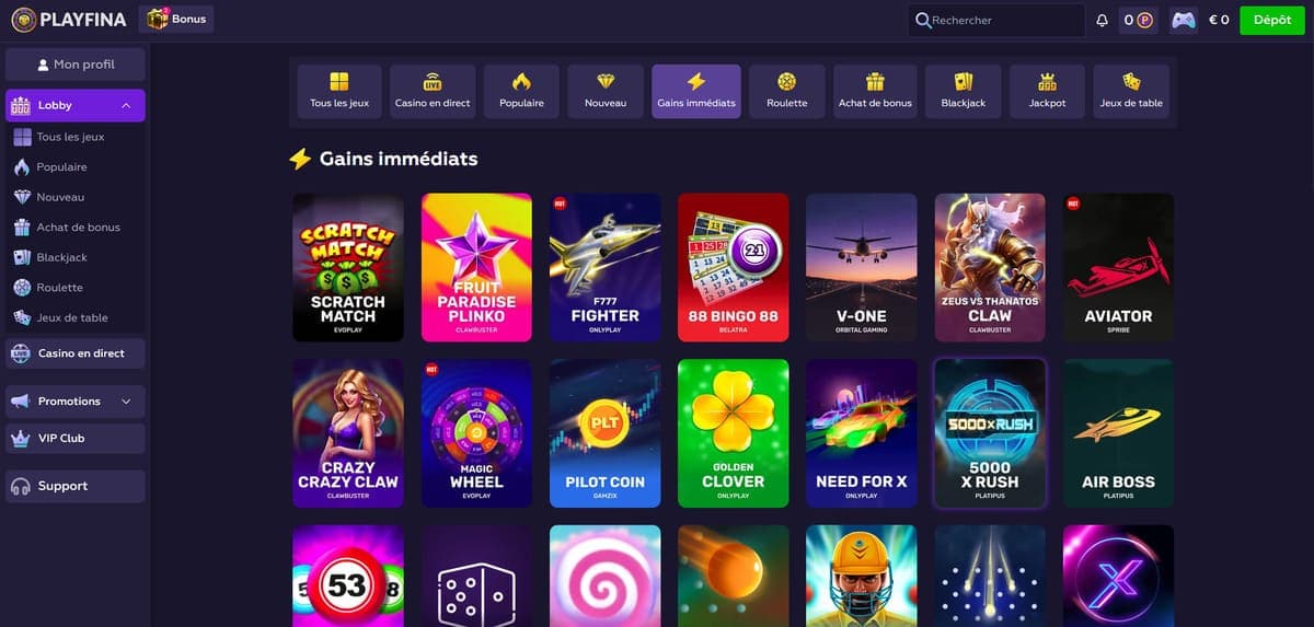 Gains immédiats PlayFina Casino