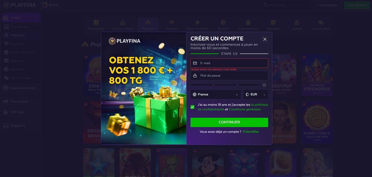 Inscription PlayFina Casino