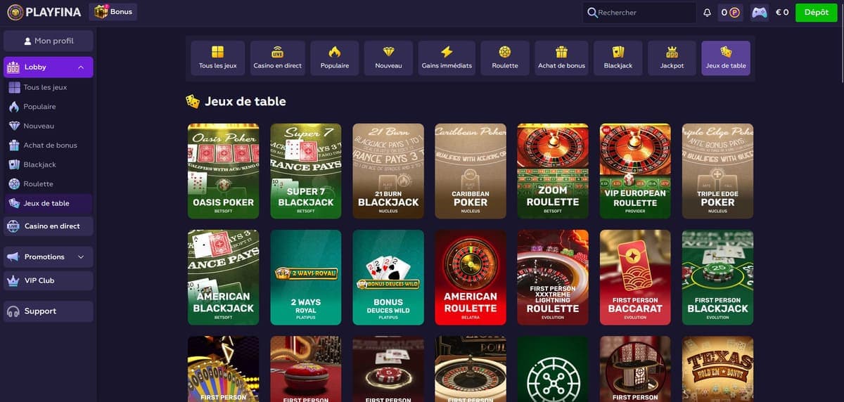 Jeux de table PlayFina Casino
