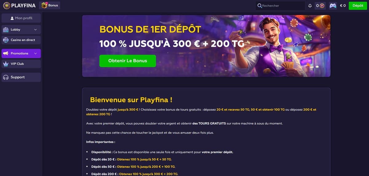 Pack bienvenue PlayFina Casino