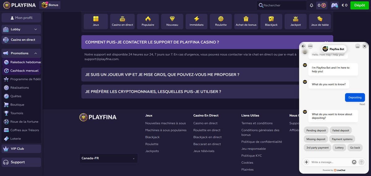 Support client PlayFina Casino