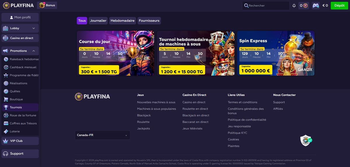 Tournois PlayFina Casino