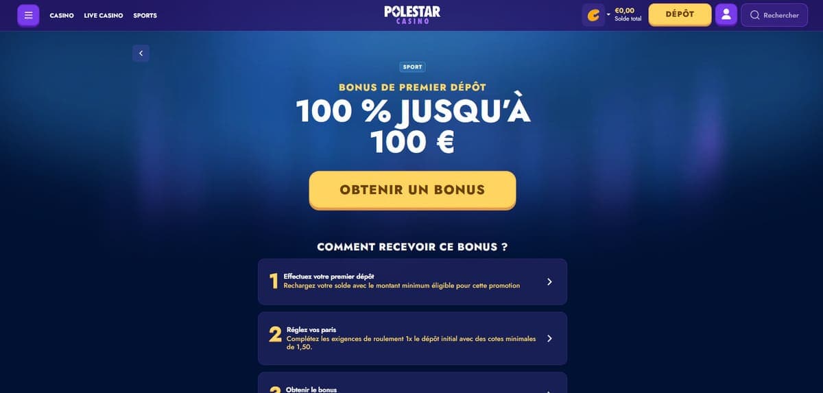 Bonus premier dépôt PoleStar Casino