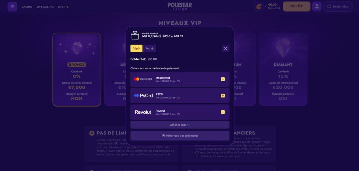Paiement PoleStar Casino