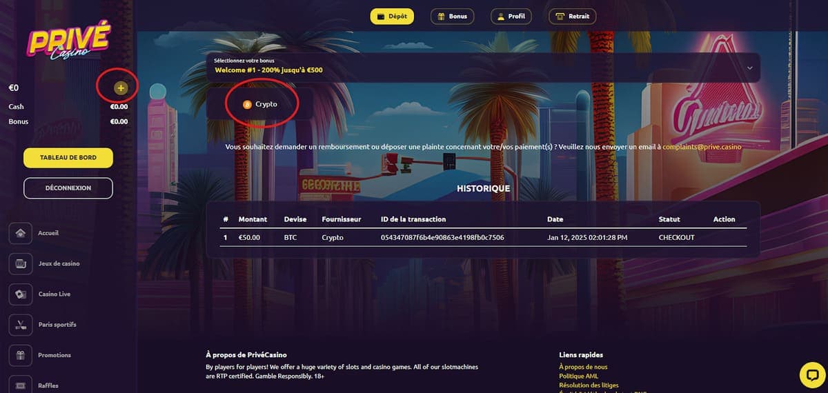 Dépôt crypto Privé casino