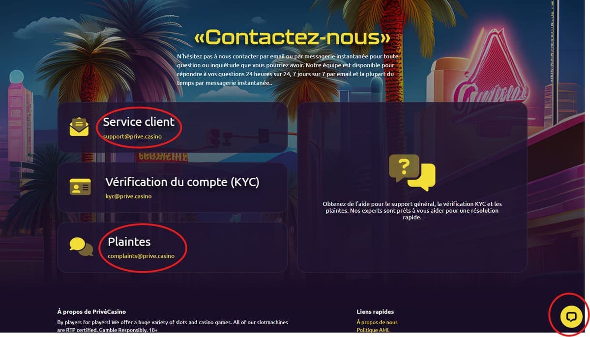 Service client Privé casino
