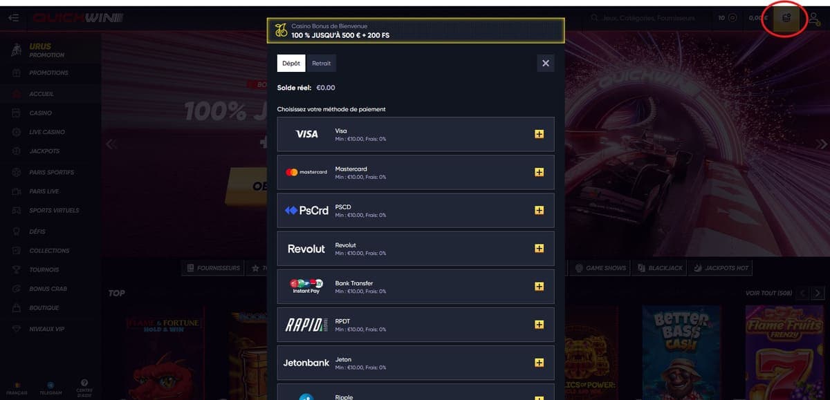 Dépôt Quickwin Casino