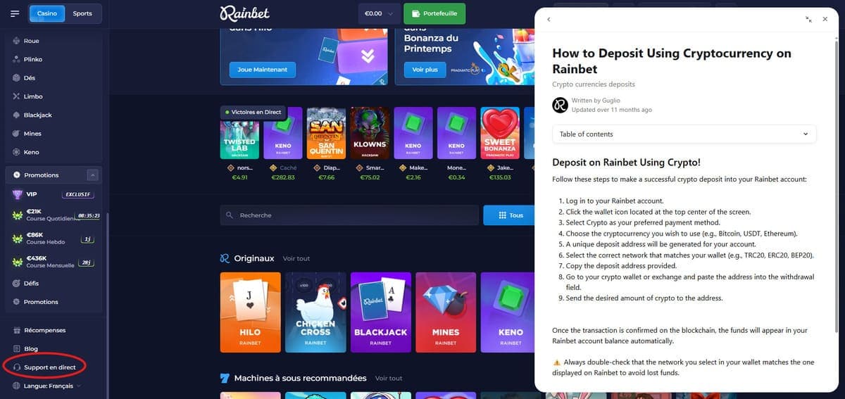 Support Rainbet Casino