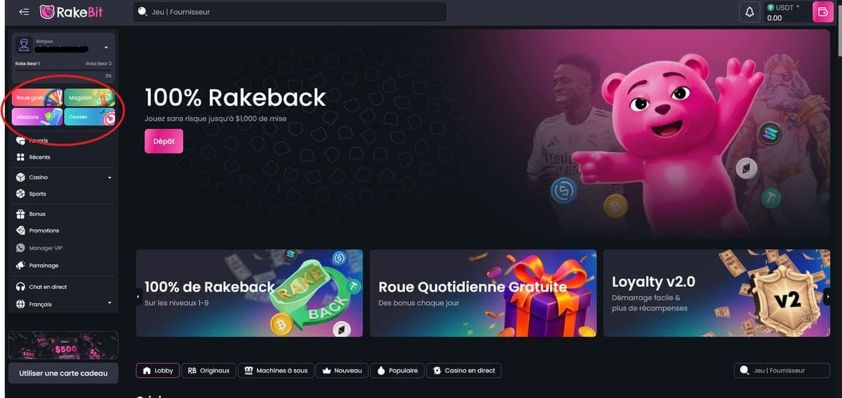 Missions, roues, etc. Rakebit Casino