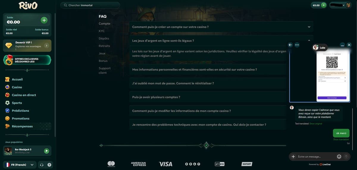 Support client Rivo Casino