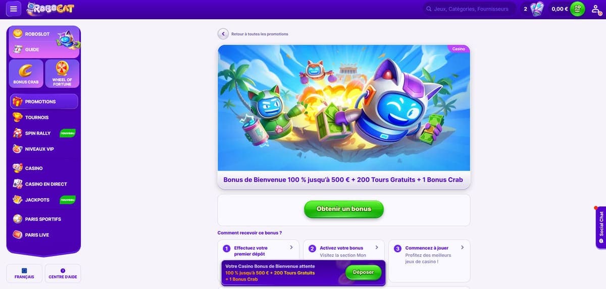 Bonus bienvenue casino Robocat Casino