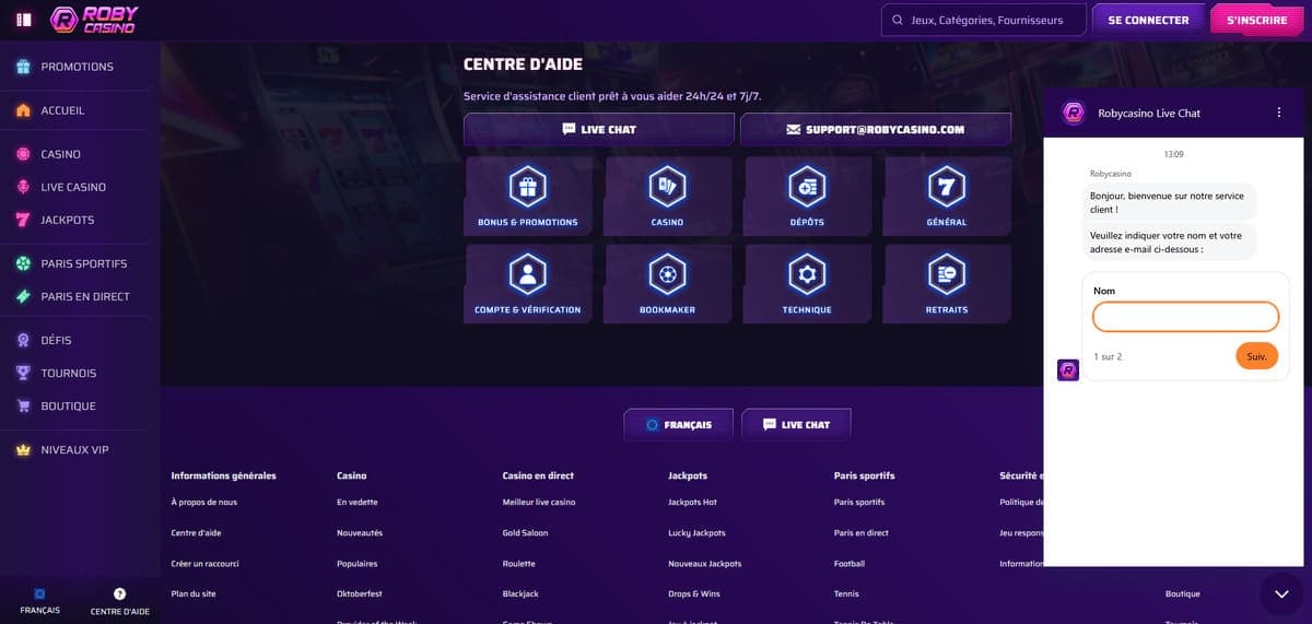 Support client Roby Casino