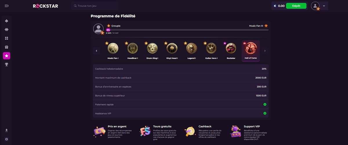 Programme fidélité Rockstar Casino